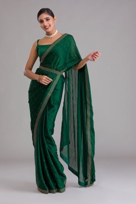 Bottle Green Swarovski Semi Crepe Designer Saree