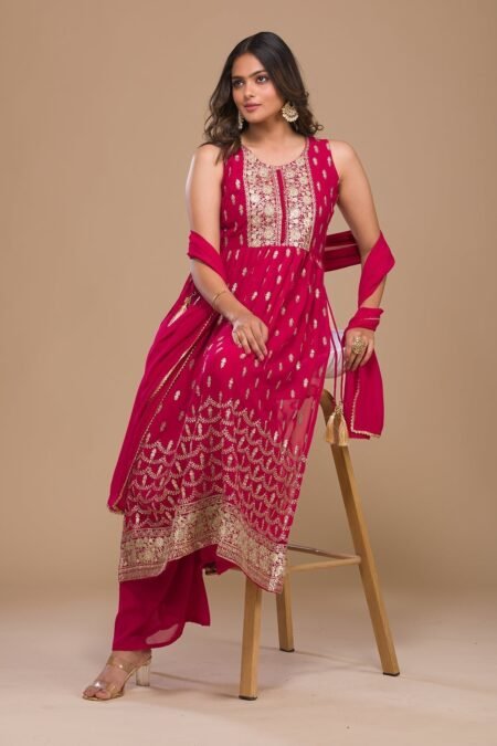 Rani Pink Zariwork Georgette Readymade Salwar Suit