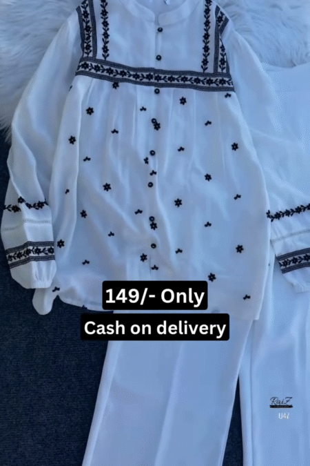 Elegant White Two Piece Set Long Sleeve Embroidered Button Down Blouse