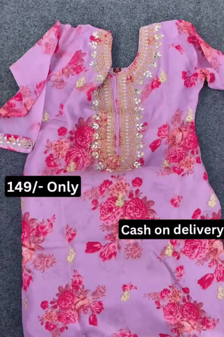 Floral Printed Kurti Suit Set with Golden Embroidery